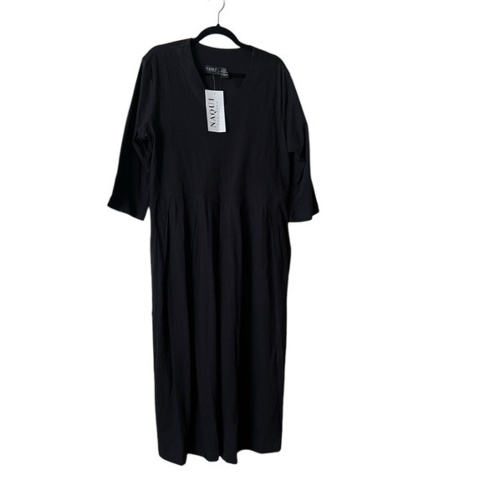 NAQUI NY Long 3/4 Sleeve 100% Cotton V-Neck Black Pleated Tie Waist Dress
